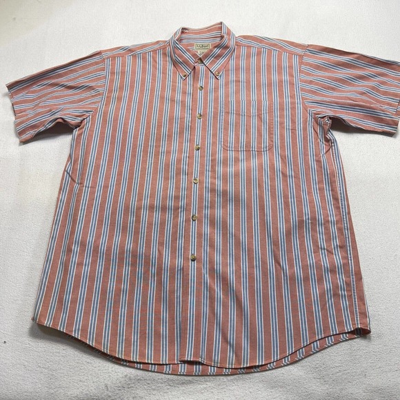L.L. Bean Other - L.L. Bean Mens Short Sleeve Striped Coral? Cotton Button Large L Reg